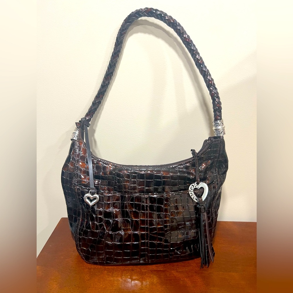 BRIGHTON Brown patent leather crocodile shoulder bag.